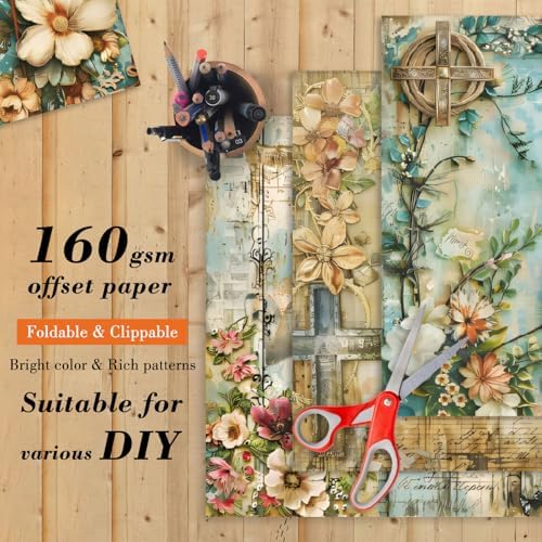 24 Sheets Vintage Flowers Scrapbook Paper Pad, 6 x 6 In Floral Patterned Designed Decorative Decoupage Cardstock Supplies for Card Making Folded Material Gift Wrapping Journals DIY Crafts Photo Album