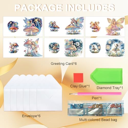 Tontut 6pcs Diamond Art Painting Kit Greeting Card, Genie on Mushroom 5D DIY Diamond Handmade Holiday Greeting Card with Envelope, Holiday Gift Congratulation