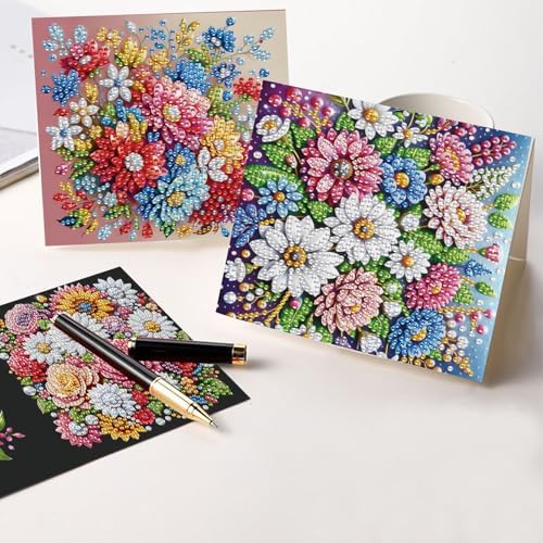 antor 6 pcs Diamond Painting Greeting Card Kits - Beautiful Floral Design with Fine Glitter, 5D DIY Creative Special Shaped Diamond Art Cards for Birthday Holiday Congratulations Crafts Gifts