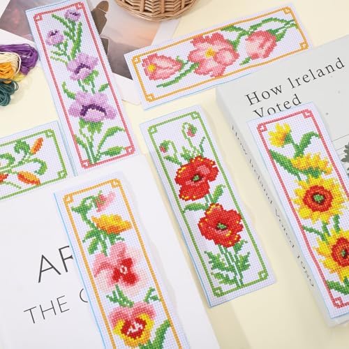 ORIGACH 6 Set Flowers Cross Stitch Bookmark Kit for Beginner with Backing Felt Floss Instructions DIY Stamped Embroidery Bookmark Kit for Adults, Book Lovers