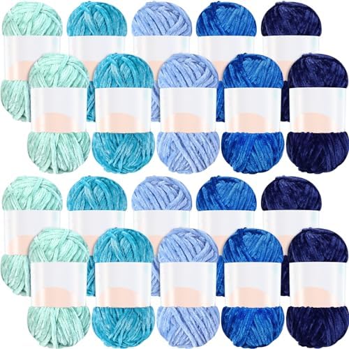 Woanger 20 Skeins Chenille Yarn Bulk for Crochet Knit 2000g, Blue Tone