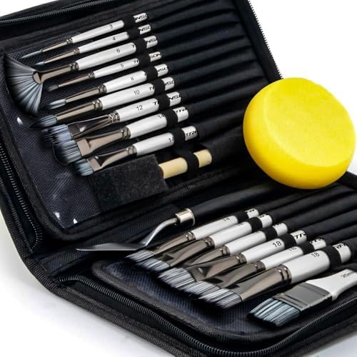Transon 20Pcs Art Paint Brush Kit with Storage Case, 16 Brushes + Foam Brush Spatula Sponge for Acrylic Oil Watercolor Gouache, Adults Teens Beginners Art Supplies
