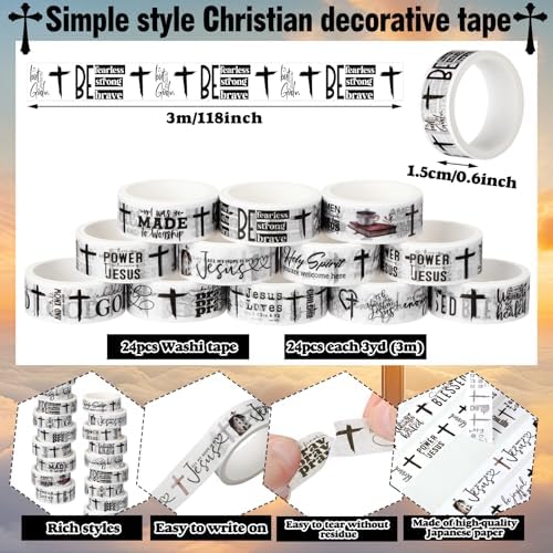 24 Rolls Christian Washi Tape Gifts, Black White Cross Religious