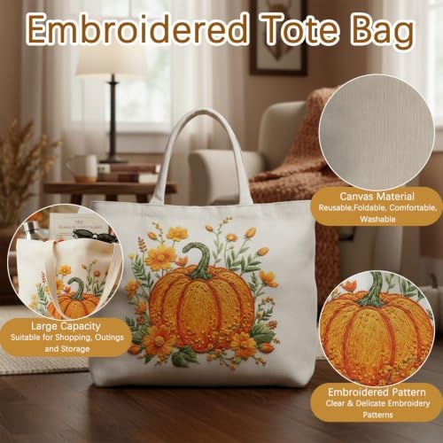 ARTopet Embroidery Tote Bag Kit for Beginners Flower Canvas Cross Stitch Handbag with Hoops Needles Threads Reusable Grocery Bag for Women-Pumpkin