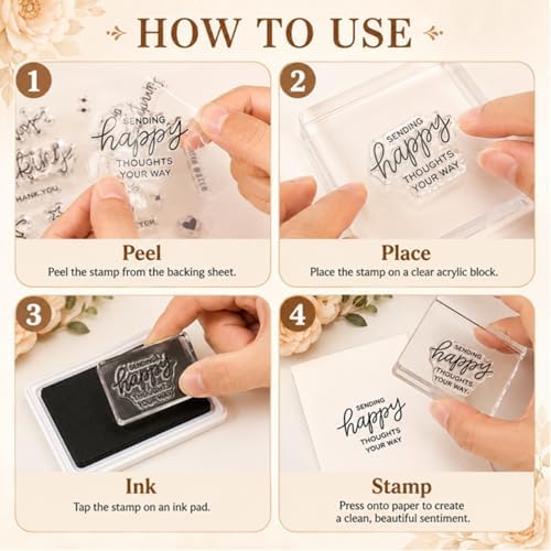 Outus 4 Pcs Clear Sentiment Stamps for Crafts, Silicone Words,Classic | Blessing Set for Card Making Scrapbooking, Photo Album Decoration, Acrylic Block Compatible, DIY Sentiments Phrases Design