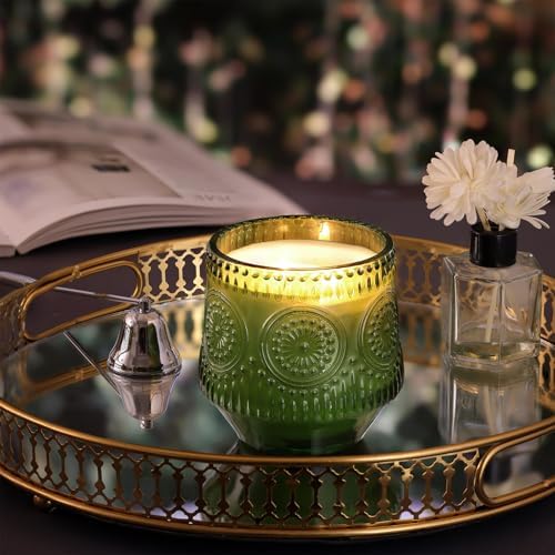 LAMORGIFT 6 Pack Large Green Candle Jars - 13.5oz Glass with Wooden Lids and Labels, Empty Jars for Candle Making Supplies