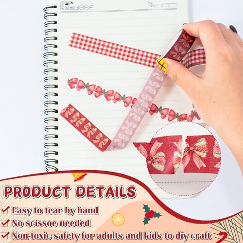 Christmas Bow Washi Tape - 12 Rolls Festive Holiday Designs with Holly Candy Cane Patterns, Easy Tear & Acid Free Adhesive for for Gift Wrapping, Scrapbook, Journal Decor & DIY Projects