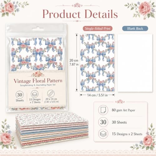 30 Sheets Vintage Floral Pattern Scrapbook Paper, Craft Cardstock for Journaling, Gift Wrapping, Collage Art & DIY Greeting Cards