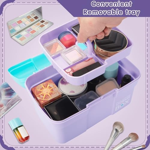 TERGOO 11in Mutipurpose Storage Box Organizer with Removable Tray, Portable Small Craft Organizer with Handle, Plastic Clear Tool Box Art Case for Makeup, Sewing, Nail, Hair Accessories (Purple Blue)