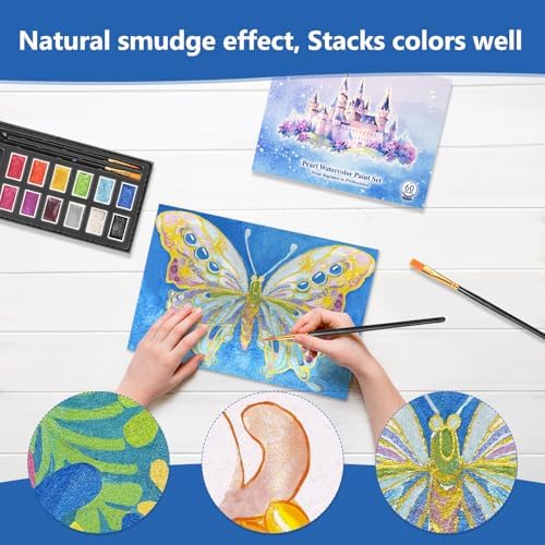 CraftyManor Mini Glitter Watercolor Paint Set with Paper, 12 Colors Shimmer Metallic Watercolour Painting Sets, Solid Pearl Water Color Paints for Adult(3ml 12 Colors)