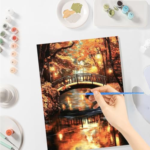 SENQAO Landscape Paint by Numbers Kit for Adults Beginner, Fall Maple Leaf Bridge Adult Paint by Number Kits on Canvas, DIY Acrylic Oil Easy Painting by Numbers for Home Wall Decor 8X12 inch