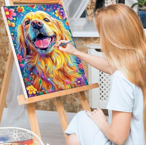 Bowetile Framed Paint by Numbers Dog for Adults Beginners, Adults' Paint-by-Number Dog Kits, Easy Adult Paint by Number Kits on Canvas, Acrylic Animals Number Painting for Home Decor, 8x12in