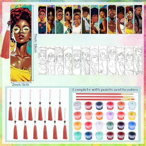 Kosiz 12 Pcs Black Women Paint by Number Kit for Adult Wood Bookmark | Mini Paint by Numbers Kit, Painting Decor, Tiny Tassels Blank Bookmarks, for Small DIY Craft Book Lovers Gift 7x2 ''