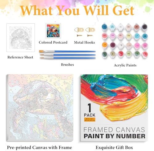 Okarina Framed Paint by Numbers Kit for Adults, Sea Turtle Decor 10x10 Inch