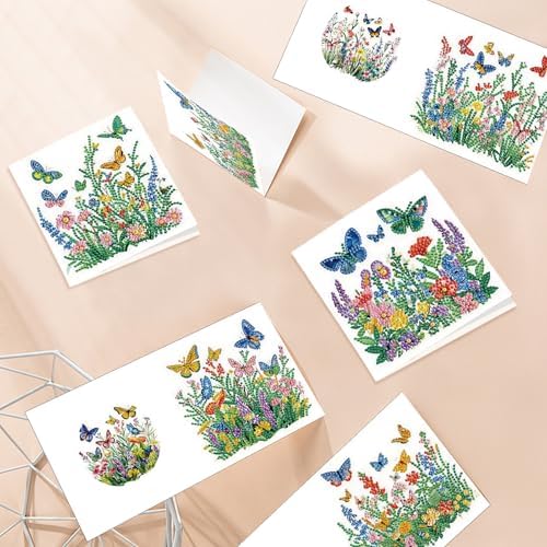 Tontut 6pcs Diamond Art Painting Kit Greeting Card, Green Flower Butterfly 5D DIY Diamond Handmade Holiday Greeting Card with Envelope, Holiday Gift Congratulations