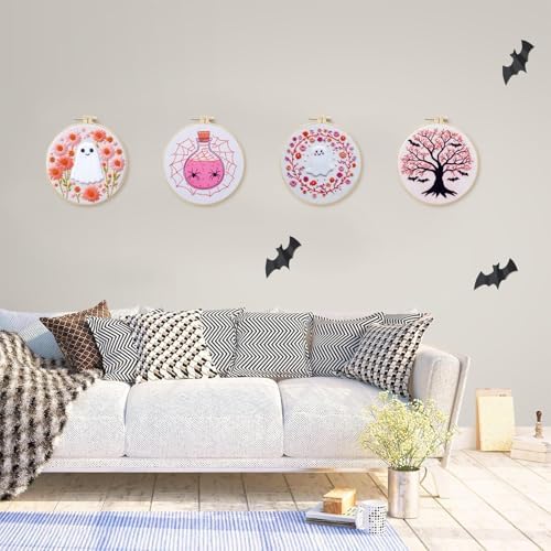 SCECALA 4 Pack Pink Halloween Embroidery Kit for Beginners