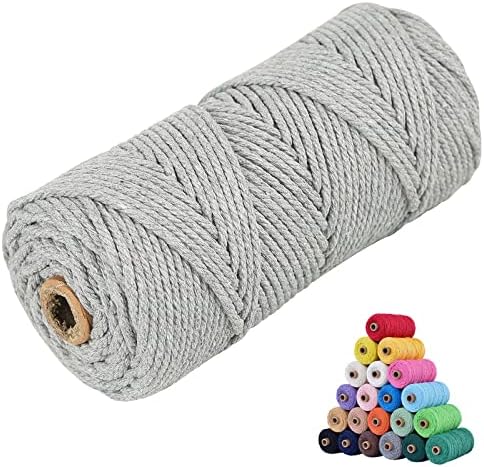 Macrame Cotton Cord 3mm x 109Yards, Grey Natural Macrame Rope, Perfect Macrame Supplies Cotton Cord for Macrame Plant Hangers DIY Crafts (Grey, 3mm*109Yards)