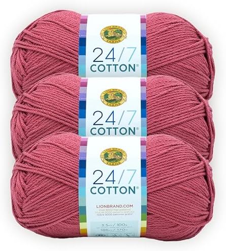 Lion Brand Yarn, 24/7 Cotton Yarn, Terracotta, Pink, 3 Pack