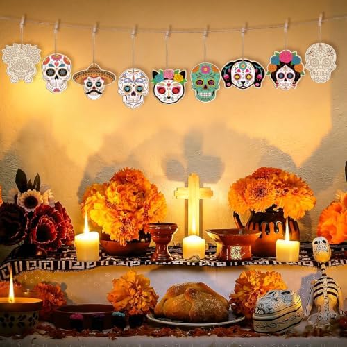 80PCS Wooden Day of The Dead Skull Ornaments to Paint Dia De Los Muertos Decorations Crafts for Kids, Halloween Decorations DIY Blank Sugar Skull Unfinished Mexican Fiesta Cutouts for Party Hanging