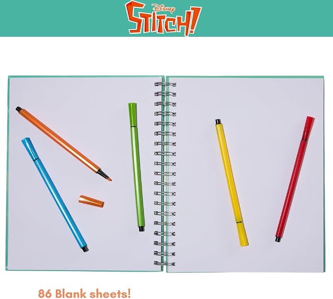 Disney Stitch Sketchbook for Kids with Washable Markers, 86 Blank Pages Spiral Bound, Turquoise