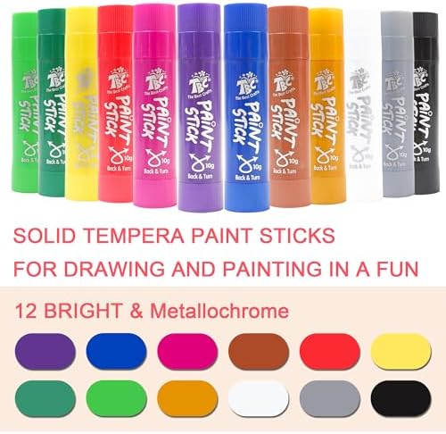 TBC The Best Crafts Paint Sticks,12 Colors Metallic, Washable, Non-toxic, Tempera Paint Sticks for Kids and Students