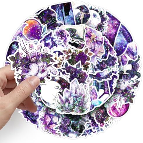 50PCS Holographic Gothic Stickers - Purple Witch & Cat Vinyl Decals for Journal, Laptop, Phone Case, Scrapbooking Supplies, Gothic Aesthetic for Teens & Adults