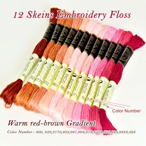Premium Rainbow Color Embroidery Floss - Cross Stitch Threads - Friendship Bracelets Floss - Crafts Floss - 12 Skeins Per Pack Embroidery Floss,Warm red-Brown Gradient