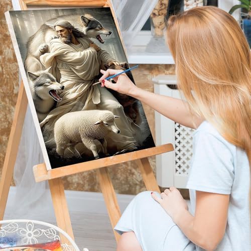 Bowetile Framed Jesus Paint by Numbers Kit for Adults, Adults' Paint-by-Number Lamb Kits on Canvas, Painting by Numbers Wolves, DIY Acrylic Number Painting for Home Wall Decor, 8x12in