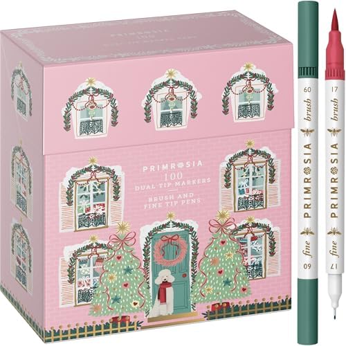 Primrosia 100 Dual Tip Marker Pens, Fineliner and Watercolor Brush Pens for Art Sketching Illustration Calligraphy or Journals Drawing Coloring (Christmas House)