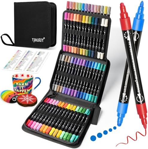TANMIT 60 Colors Acrylic Paint Markers, Dual Tip Acrylic Paint Pens with Dot & Fine Tips For Fabric, Rock, Wood, Glass, Eggs, Scrapbook, DIY Crafts Making Art Supplies - Teacher Appreciation Gift
