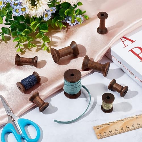 BENECREAT 30Pcs 3 Sizes Antique Wooden Empty Spools, Empty Thread Spools Wooden Ribbon Spools Bobbins for Wire Weaving Arts DIY Wood Projects, 10pcs/Size