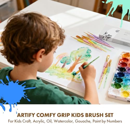 Artify Paint Brushes for Kids, 12-Sizes Paint Brush Set for Kid's Arts and Crafts, Ergonomic Donuts Handle | Macaron Colors Kids Paint Brushes, for Acrylic, Oil, Watercolor, Gouache, Paint by Numbers