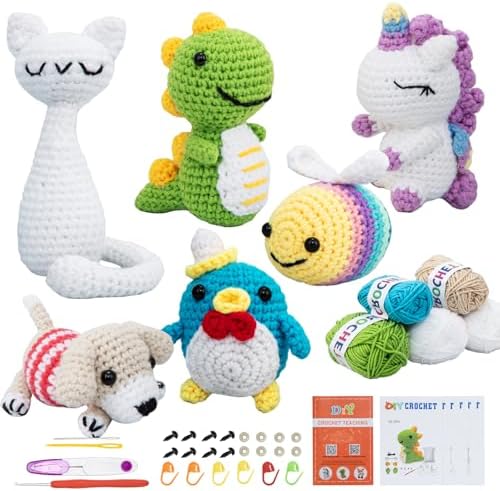 Crochet Kit for Beginners – 6 PCS Crochet Animal Kit, Knitting Beginners Kids Kit with Step by Step Videos, Yarn, Crochet Hook, Great Birthday Holiday Gift (Knitting Kit 2)