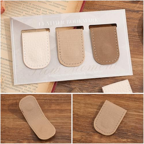 3PCS Magnetic Leather Bookmarks，Book Marks for Books, Strong Magnet Reading Accessories for Men & Women，Long-Lasting and Durable Gift Suitable for Book Lovers & Students (Cream，Light Khaki，Taupe)