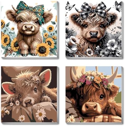 4 Pack Framed Paint By Numbers Kit for Adults, Cow Paint By Number Kits