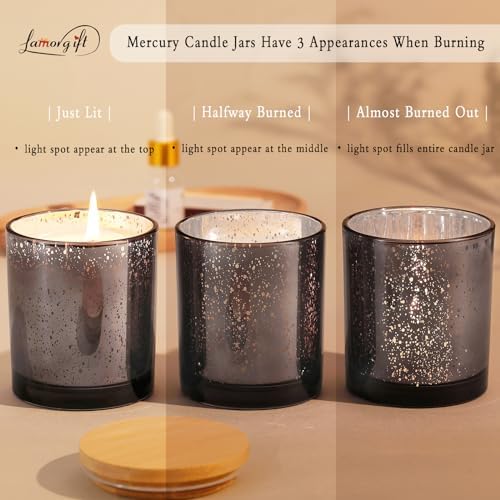 LAMORGIFT 10oz Dark Gray Glass Candle Jars With Lids (12 Pack) - Making Containers Include 15 Pcs Labels - Mercury Glass Jars