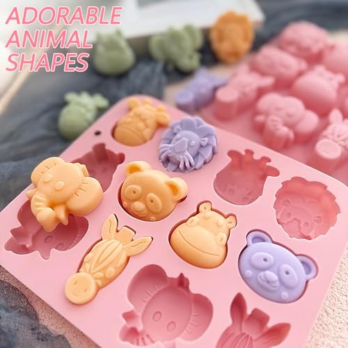 2-Pack Animal Chocolate Molds - Cute Silicone Candy Molds with Panda, Elephant, Hippo, Lion Shapes, Multi-Purpose for Chocolate, Jelly, Soap,Ice Cube Candle Making, Food-Safe & Easy to Demold