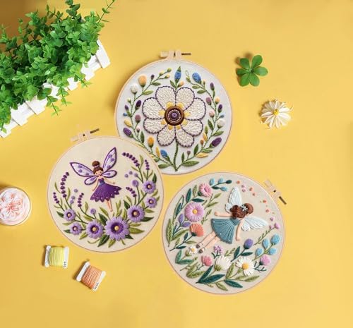 Konrisa Embroidery Kits for Adults, 3pcs Elf Flower Fairy Floral Embroidery Starter Kit DIY Sewing Practice with Hoop,Needlepoint Cross Stitch Kit