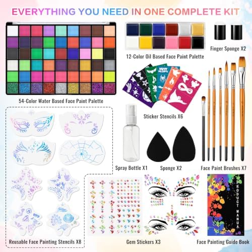 66 Color Face Painting Kit, Water Activated + Oil Face Body Paint Palette