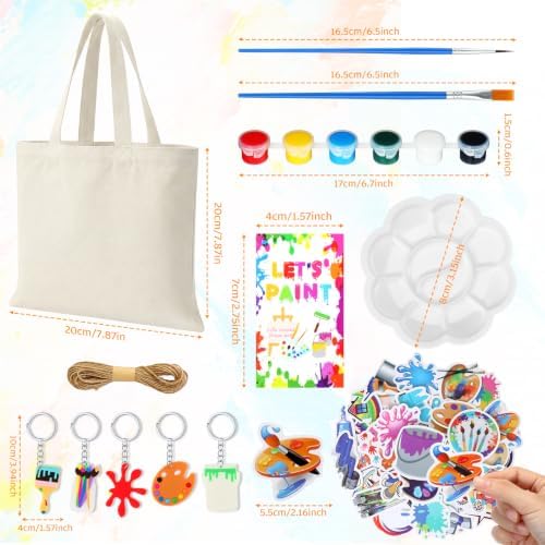 Blueweenly 24 Sets Paint Party Favors Mini Canvas Tote Bags Painting Kit 8" x 8" Color Your Own Canvas Tote Bag Decorating Kit with Paints Palette Brush Keychains for Kids DIY Art Party Classroom