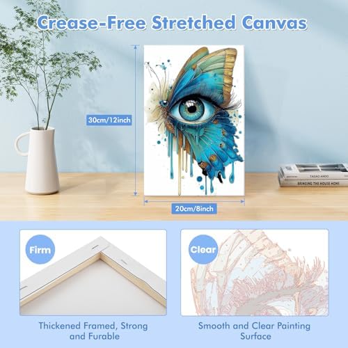 Bowetile Framed Paint by Numbers Eyes Kit for Adults, Adults' Paint-by-Number Kits on Canvas, Painting by Numbers Butterfly, Acrylic Number Painting Gifts for Home Wall Decor, 8x12in