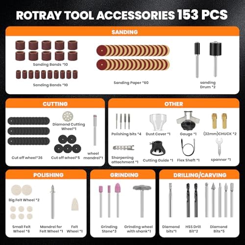 HARDELL 180W Corded Rotary Tool Kit 6 Variable Speeds with Flex Shaft | 8000-35000RPM 153pcs Accessories Kit for Sanding, Polishing, Cutting, Engraving,Carving, DIY Crafts