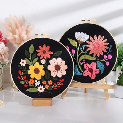 Louise Maelys 3 Pack Floral Embroidery Kit for Beginners with Hoop Threads