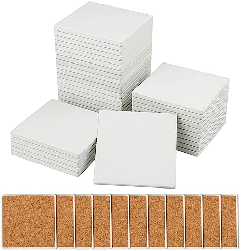 35 Pieces 4 Inch Blank Ceramic Coasters, Unglazed Ceramic Tiles Coasters, Ceramic Tiles with Cork Backing Pads for Painting, DIY Crafts, Mosaics, Square, White by GNIEMCKIN..