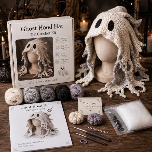 WEERSHUN Fantasy Hood Hat DIY Crochet Kit Series, Animal Hood Hat DIY Crochet Kit for Beginners, Complete Great Experience, Tutorial Guide, Yarn & Hook, Great Birthday Holiday Gift (Ghost)