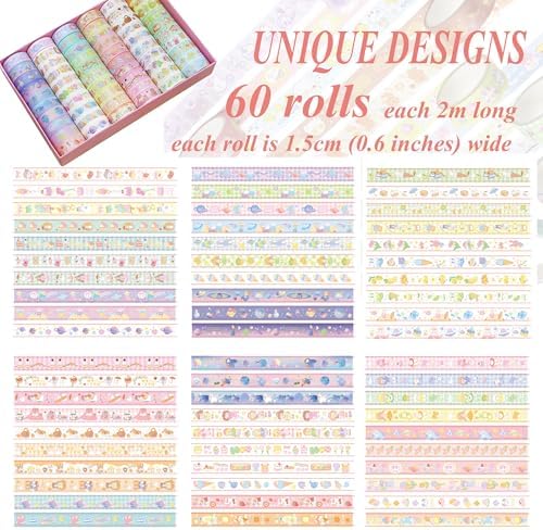 60 Rolls Washi Tape Set, Cute Pattern Washi Stickers, 15mm Wide for Junk Journal Scrapbook Tape, Bullet Journaling Scrapbooking Supplies, Planner Sticker DIY Craft DéCor