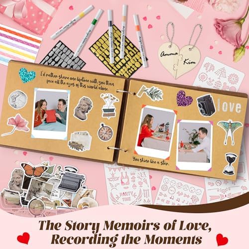 CY2SIDE Valentine's Day Couple Photo Album Scrapbook - 111PCS The Little Book of Us Wooden Album Scrapbook Kit for Lovers with Heart Puzzle Brown Paper Sticker and Template for DIY Dating Anniversary