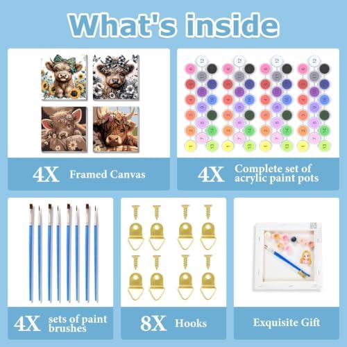4 Pack Framed Paint By Numbers Kit for Adults, Cow Paint By Number Kits