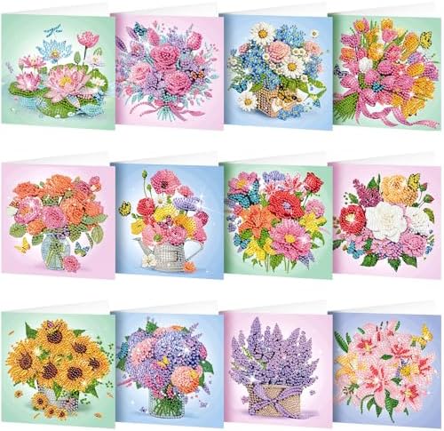 Saillong 12 Pack Flower Diamond Painting Greeting Cards with Envelopes
