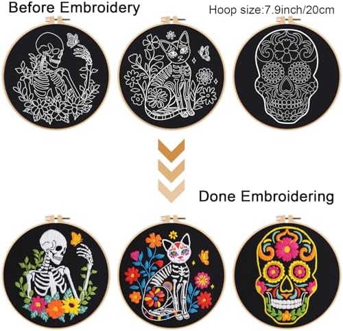 Louise Maelys 3 Set Halloween Skull Embroidery Kit for Beginners